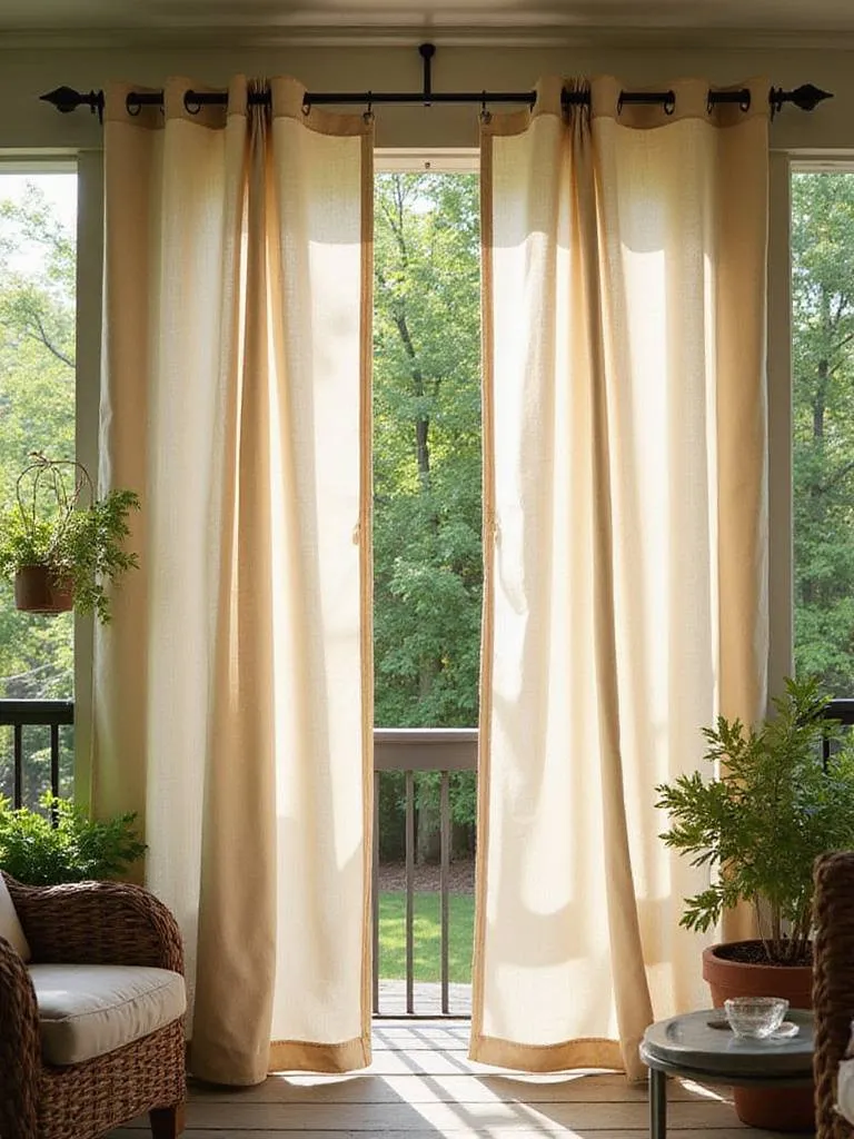 Back porch with beige outdoor curtains providing privacy and shade.