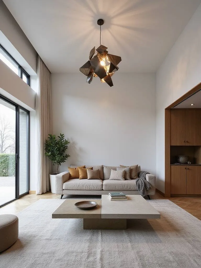 A modern living room featuring a large, sculptural statement lighting fixture hanging over a <a href=
