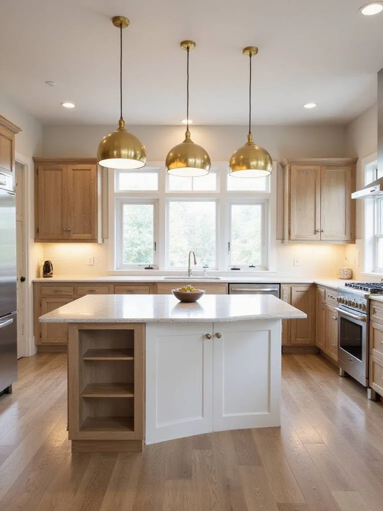 Contemporary kitchen with globe pendant lights over island