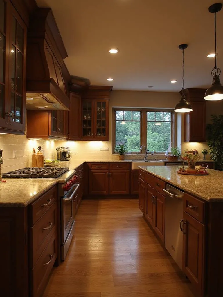 A beautifully arranged kitchen with optimal lighting layout showcasing various lighting options.