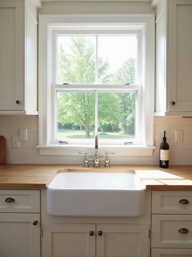 Classic white fireclay apron-front sink in a farmhouse kitchen with wooden countertops and Shaker cabinets.