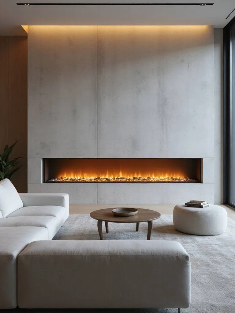 A modern living room featuring a sleek, linear fireplace integrated into a light grey concrete wall with minimalist decor.