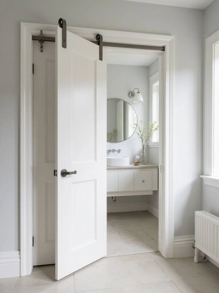 Small bathroom with pocket door open, showcasing space-saving design.