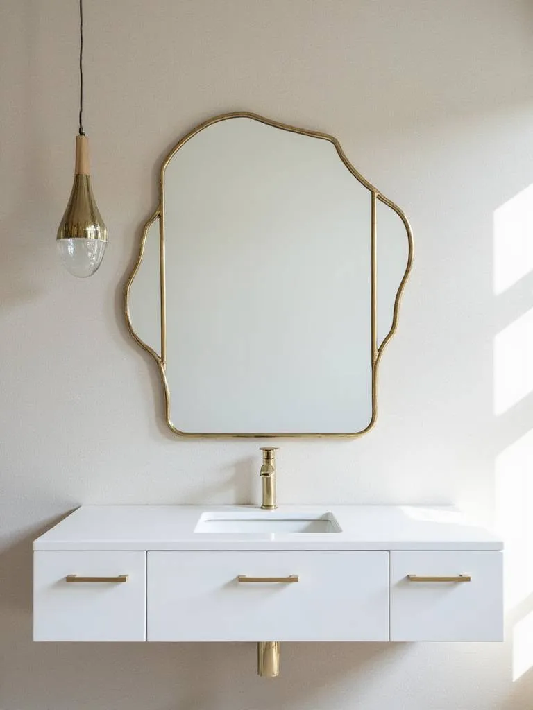 Stylish bathroom vanity featuring a large, organically shaped statement mirror with a brass frame above a white sink.
