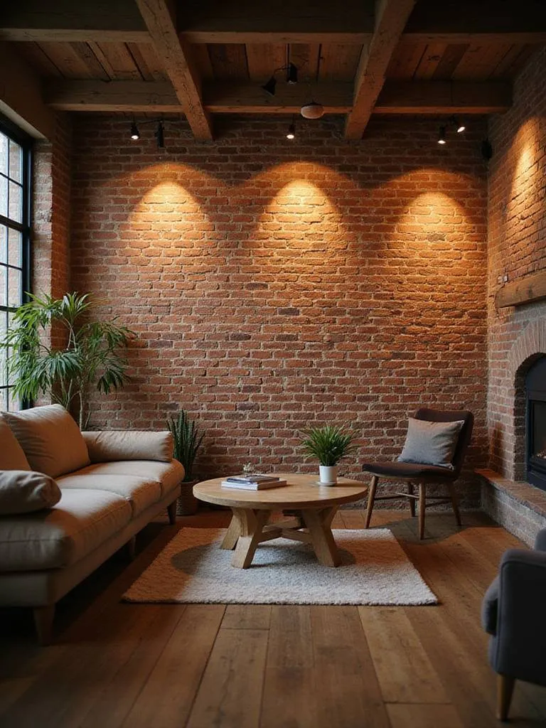 Cozy rustic living room with an exposed brick accent wall