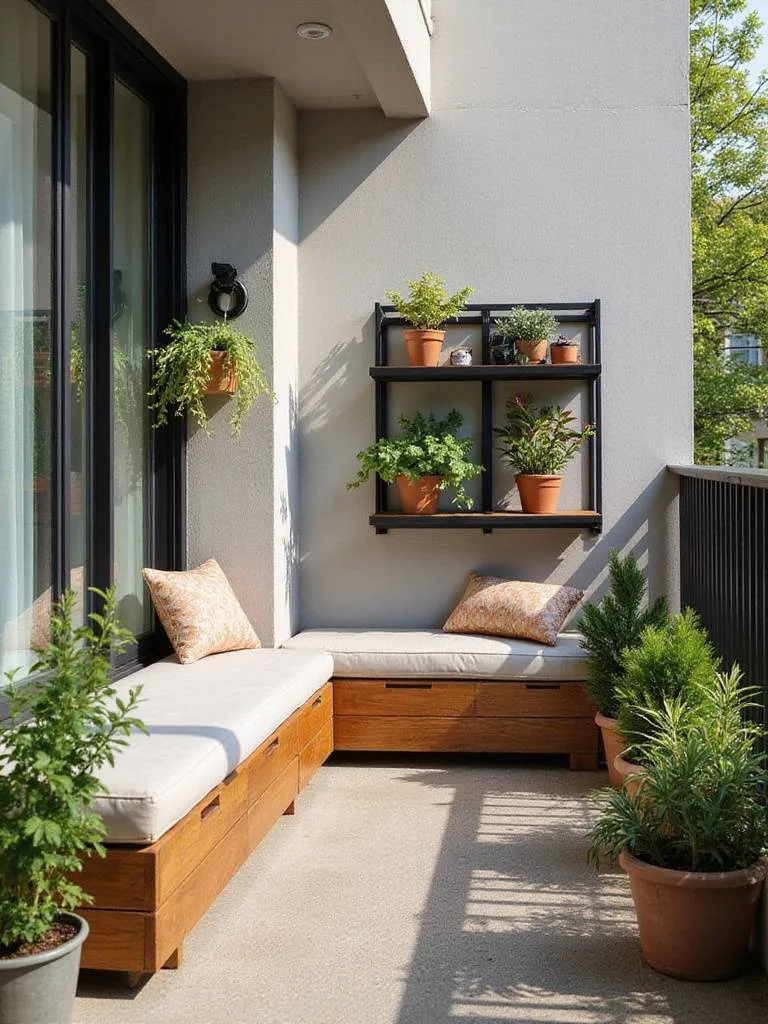 A small, organized balcony showcasing clever storage solutions like a storage bench and vertical shelving with plants and gardening tools.