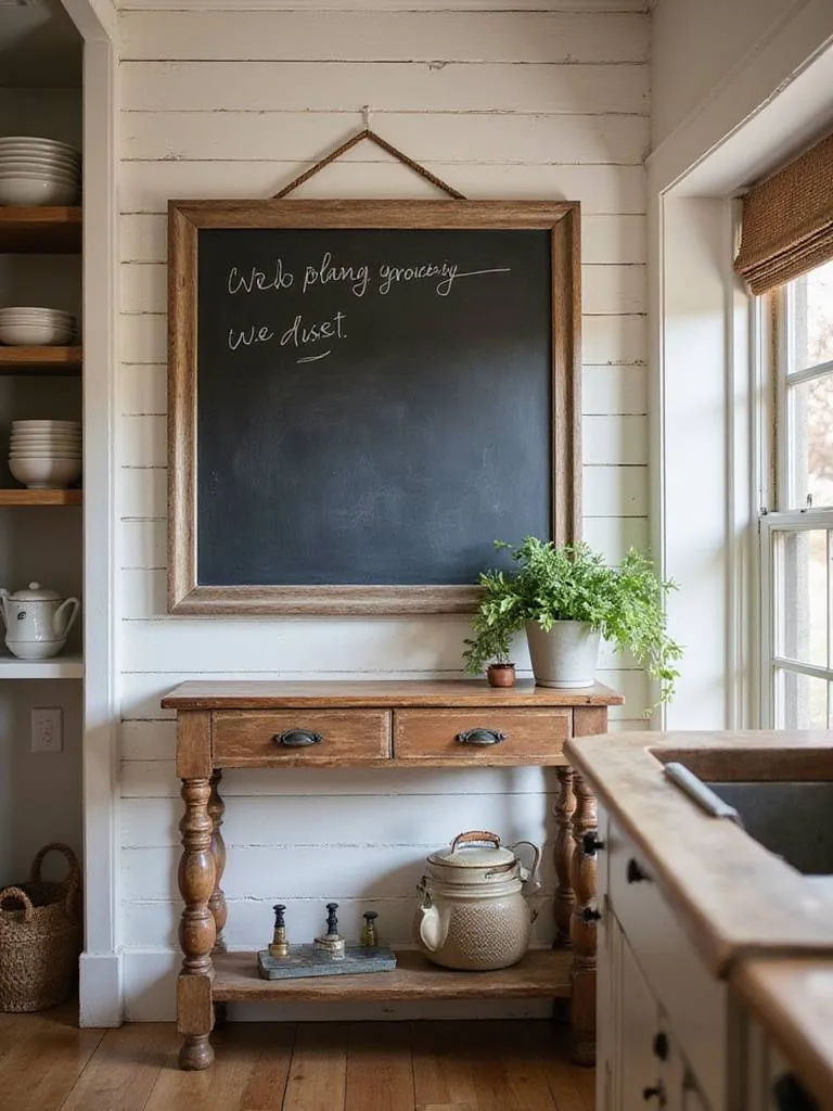 Large framed chalkboard sign hanging on a rustic shiplap wall in a cozy farmhouse kitchen, displaying a handwritten menu or list.