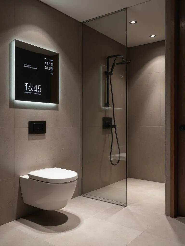 Modern luxury bathroom with integrated smart technology including a smart mirror, smart toilet, and digital shower controls.