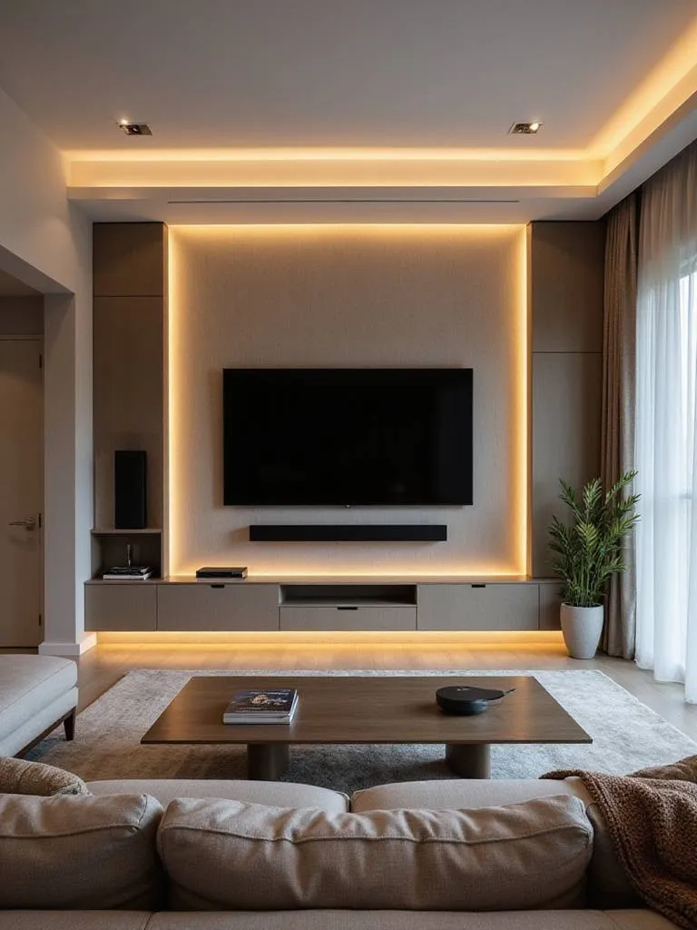 Modern living room showcasing seamless smart home technology integration, featuring integrated lighting, concealed entertainment systems, and clean design.