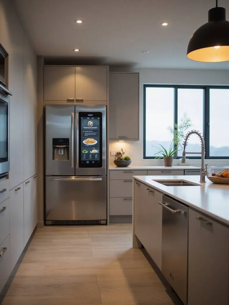 Modern kitchen with integrated smart technology, including a smart refrigerator, faucet, and lighting.