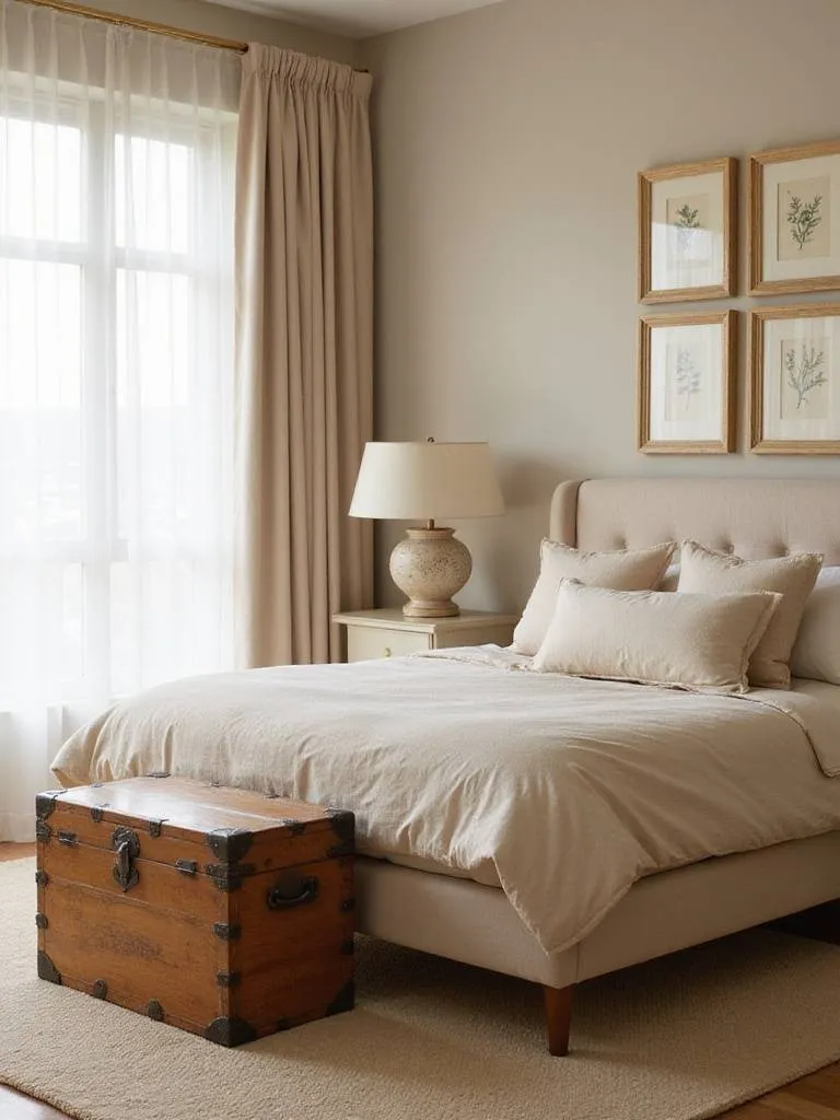 Serene beige bedroom featuring a vintage wooden trunk and botanical prints for character and warmth.