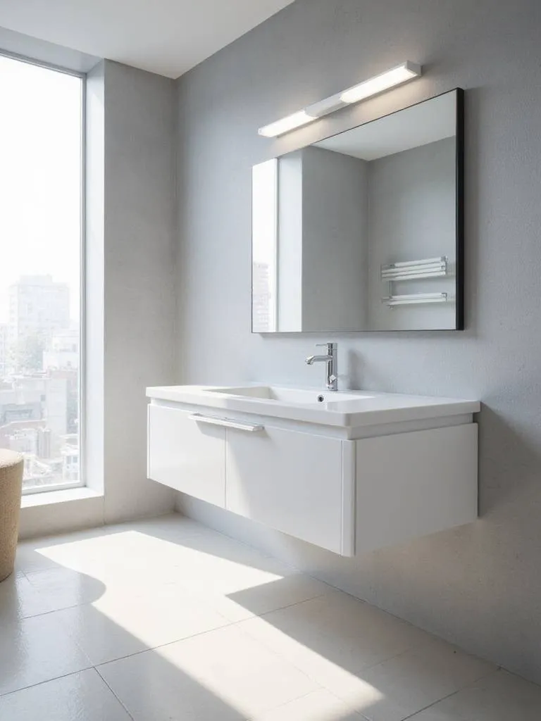 Modern bathroom with floating vanity and integrated white sink and countertop.