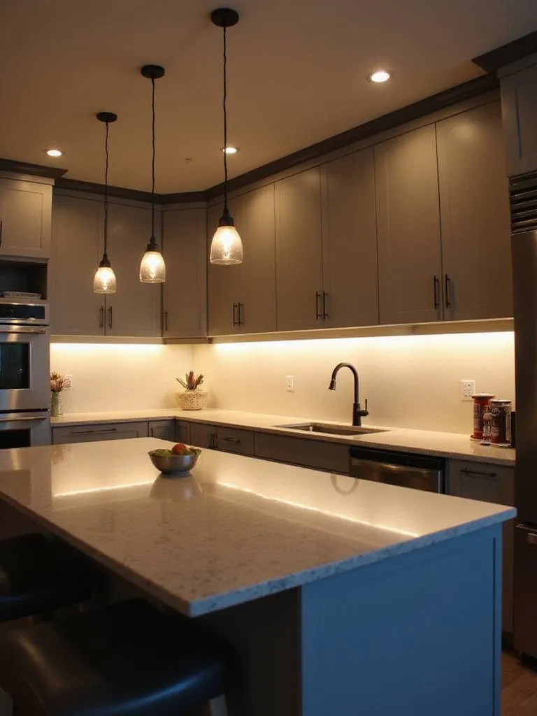 Layered kitchen lighting featuring recessed ambient lights, under-cabinet task lighting, and pendant accent lights over an island in a modern kitchen.