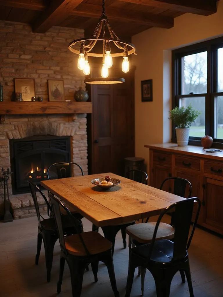 Rustic dining room with black metal chandelier and chairs