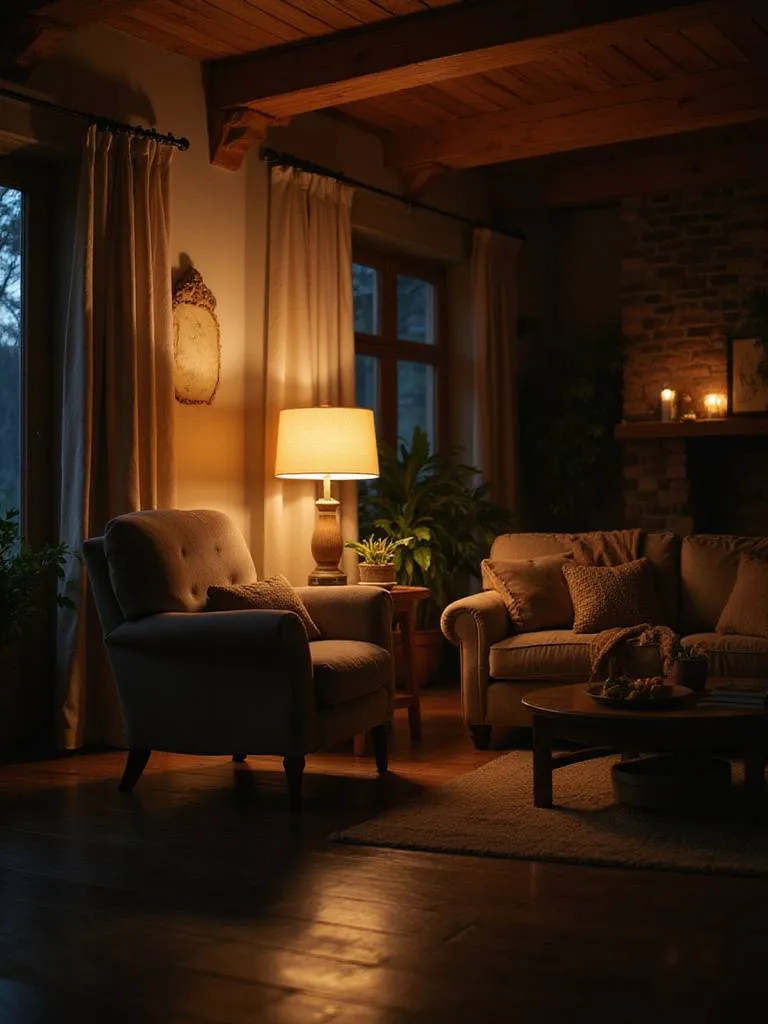 Cozy living room in the evening illuminated by soft, dimmable warm lighting from floor and table lamps, creating an inviting and relaxed atmosphere.