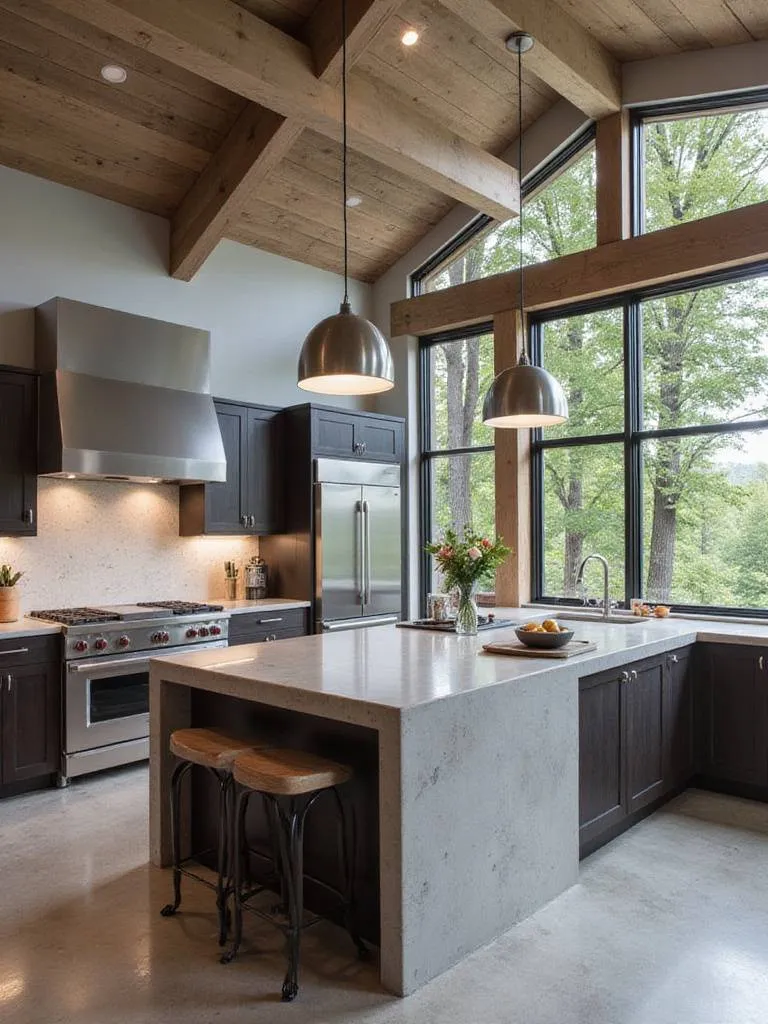 Contemporary kitchen with concrete island, stainless steel appliances, and industrial-style lighting