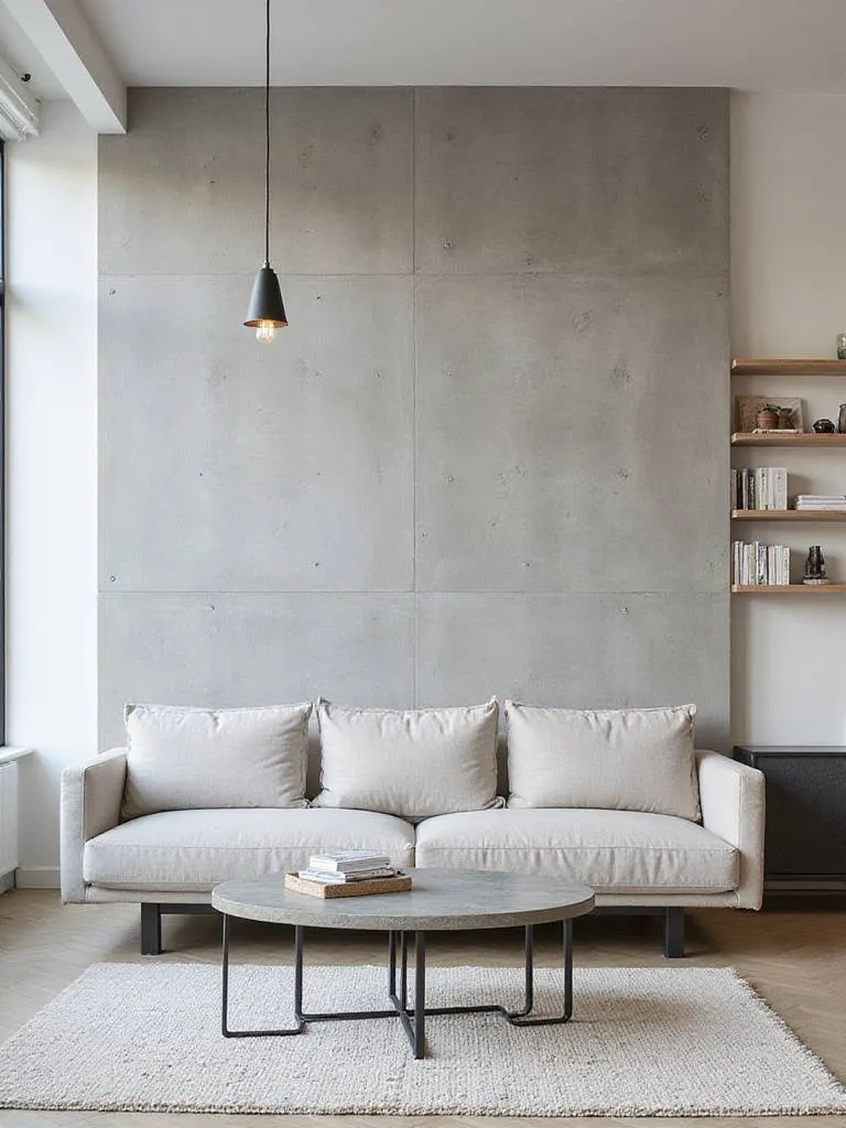 Modern living room with a polished concrete accent wall, industrial metal shelving, and a concrete top coffee table, blending modern design with raw industrial elements.