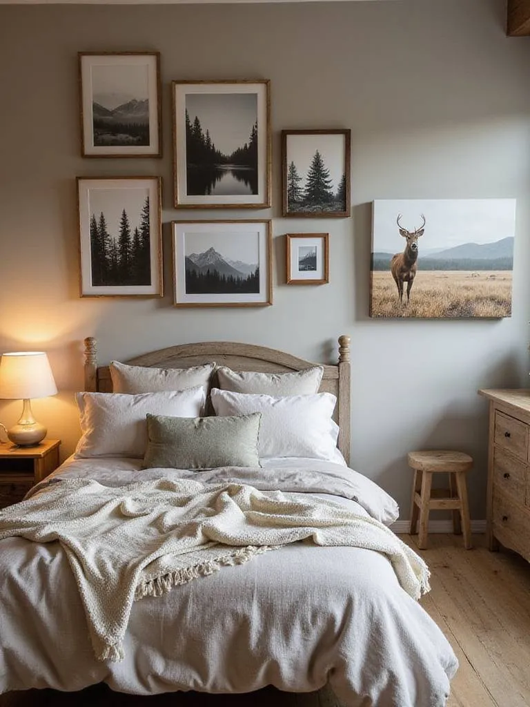 Rustic bedroom wall adorned with a gallery wall of nature-inspired art and photography in distressed wood frames above a cozy bed.