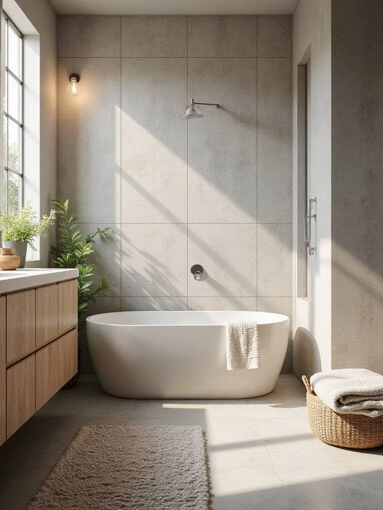 Modern bathroom featuring various textures for depth, including matte geometric wall tiles, a wooden vanity, and plush textiles.