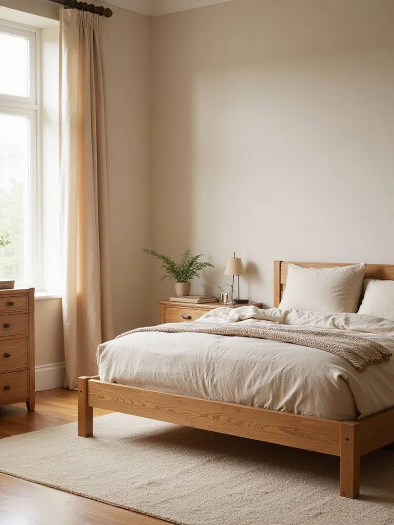Beige bedroom featuring warm natural wood furniture, including bed frame, nightstand, and dresser, adding warmth and texture.