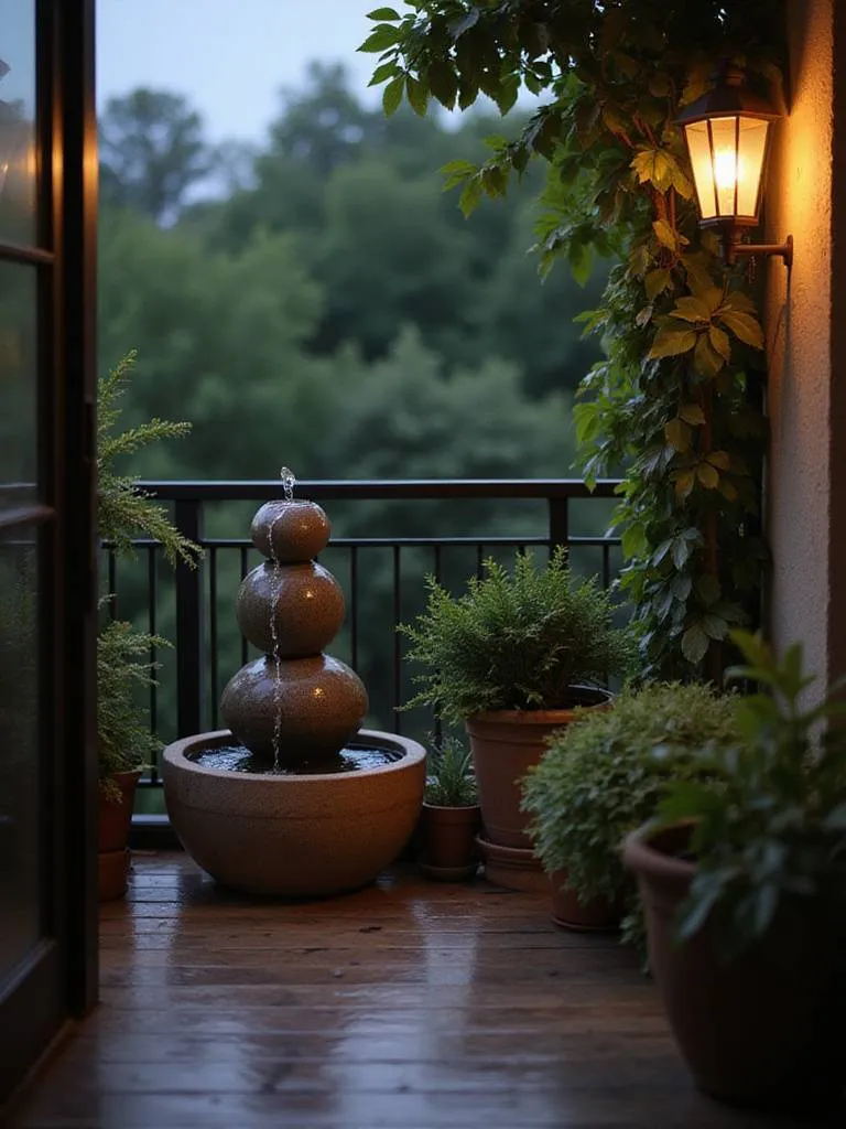 Small balcony at dusk featuring a tranquil water feature amongst potted plants, creating a peaceful outdoor retreat.