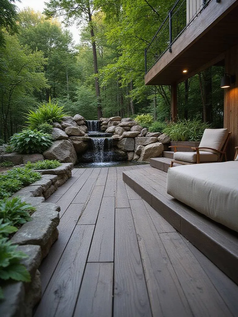 Modern deck with a pondless waterfall feature surrounded by lush plants.