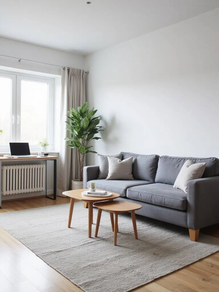 A modern apartment living room showcasing space-saving multi-functional furniture, including a sofa bed, lift-top coffee table, nesting tables, and a console desk, bathed in natural light.