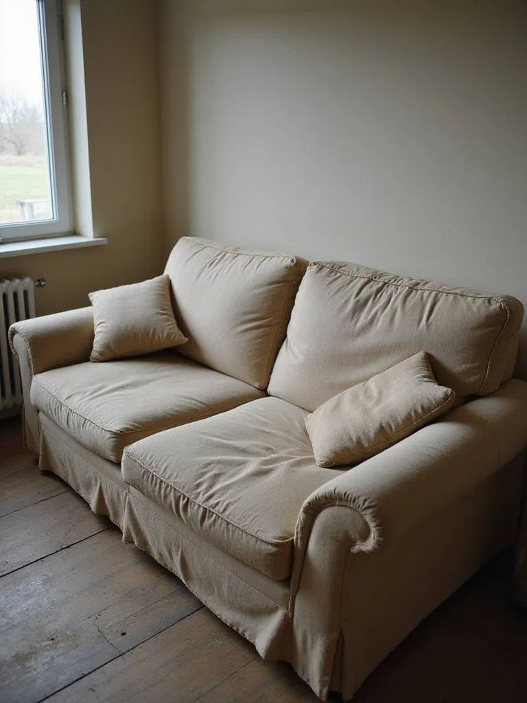 An old, worn couch in a living room with faded fabric and sagging cushions, illustrating signs it may be time for replacement.