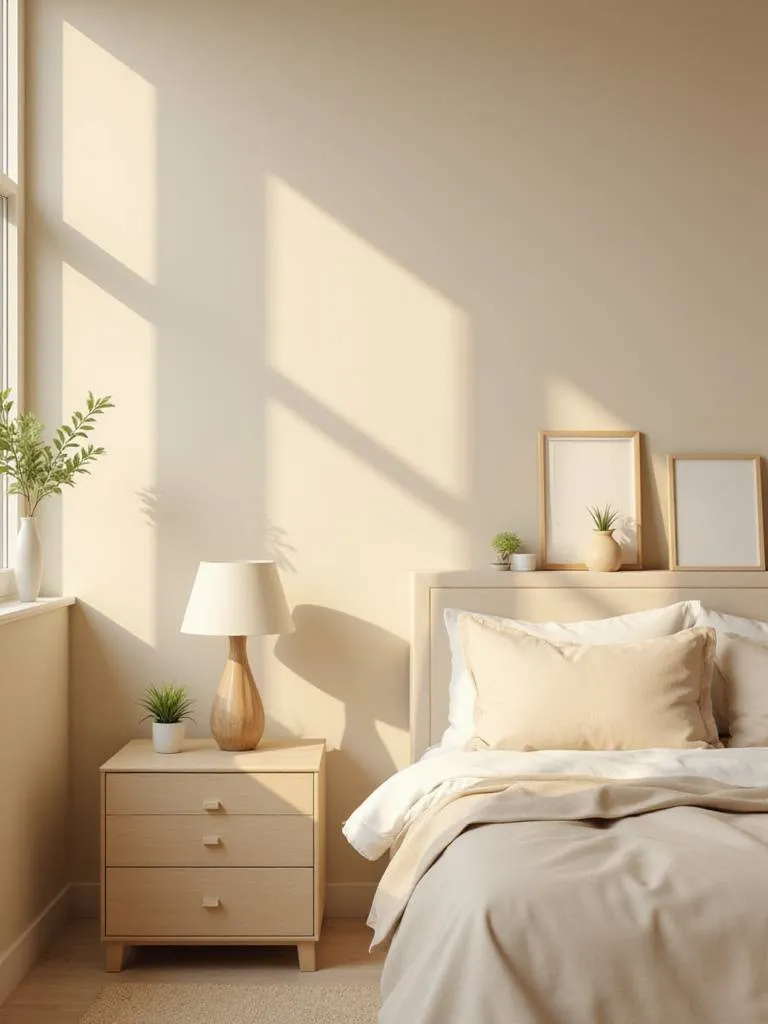 Serene beige bedroom with uncluttered surfaces, showing a clean bedside table and dresser.
