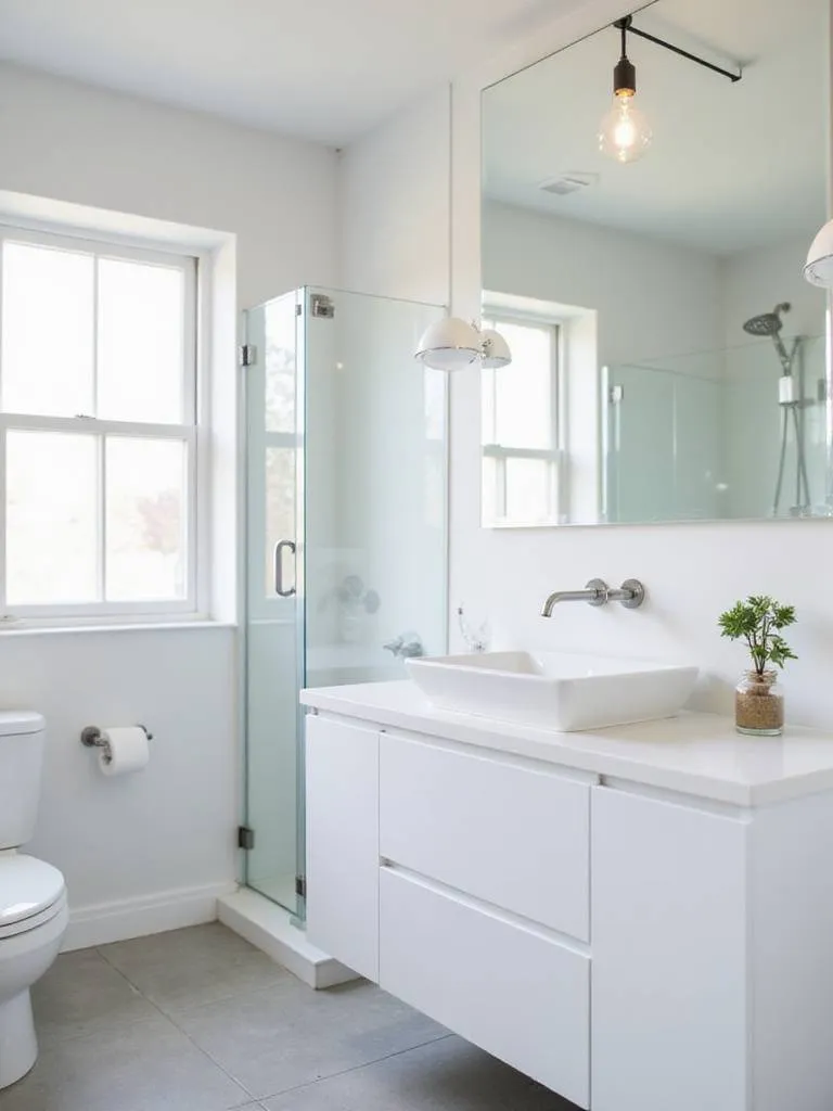 Small minimalist bathroom with floating vanity, frameless mirror, and glass shower.