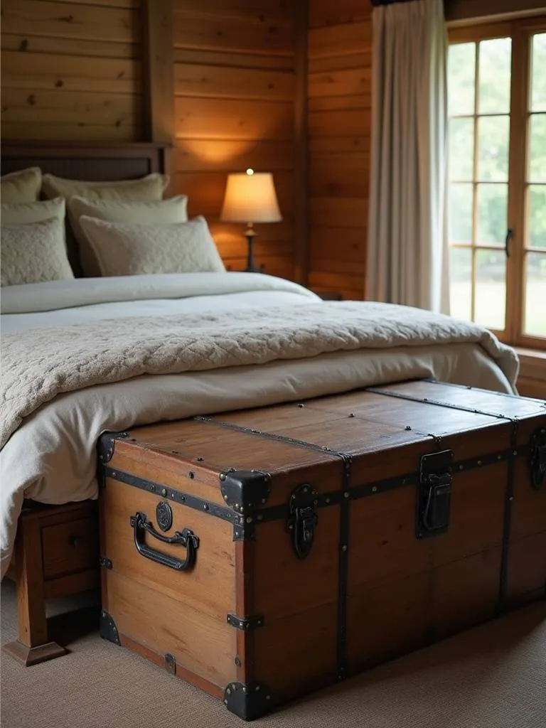 A rustic bedroom featuring a vintage wooden steamer trunk at the foot of the bed, used for storage and decoration.