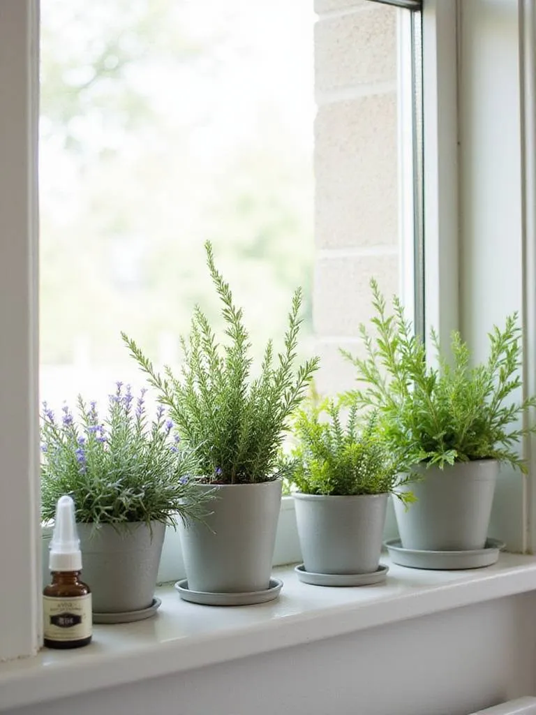Small potted lavender, rosemary, and thyme plants on a bathroom windowsill or shelf, adding greenery and fragrance.