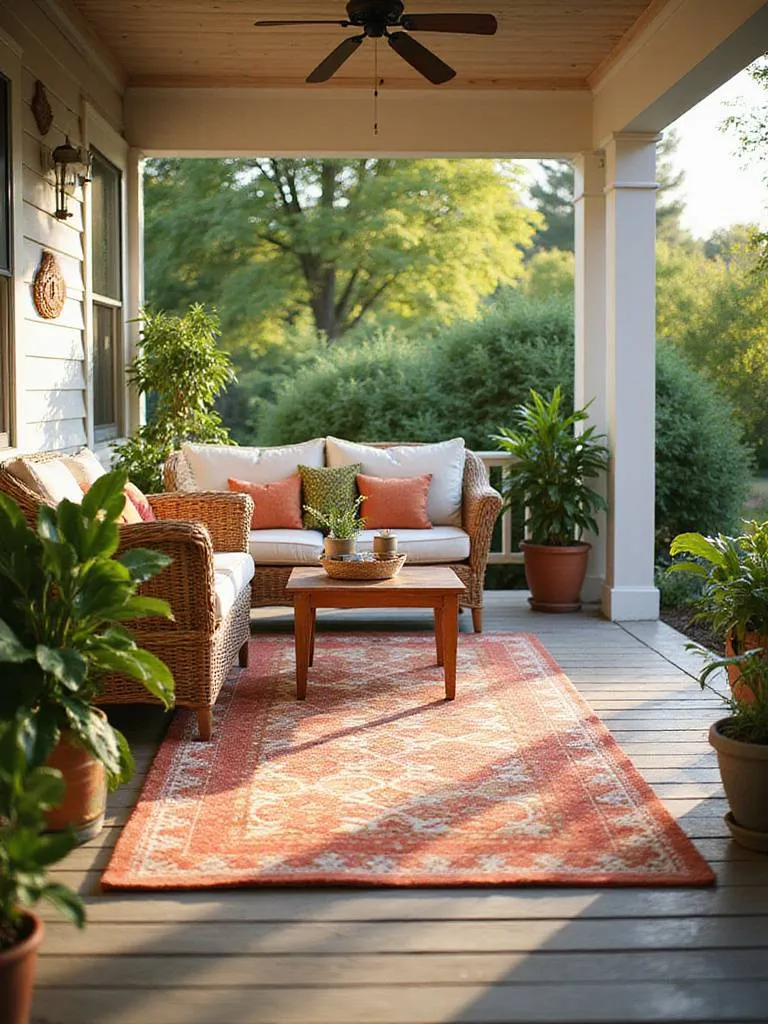 Back porch with wicker furniture and a colorful polypropylene outdoor rug.