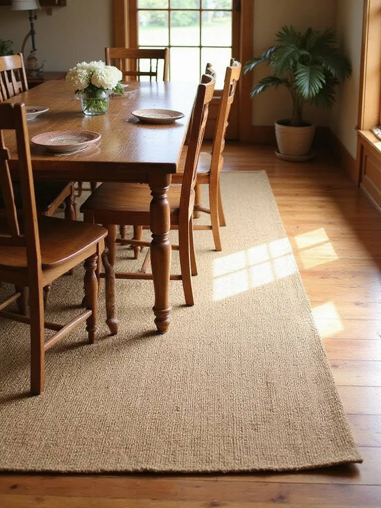 Rustic dining room with wooden table and jute area rug