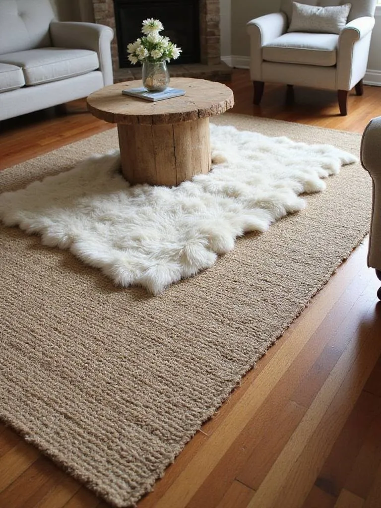 Layered rugs in a cozy living room, featuring a large natural fiber base rug topped with a smaller, soft textured rug under a coffee table, adding warmth and visual interest.