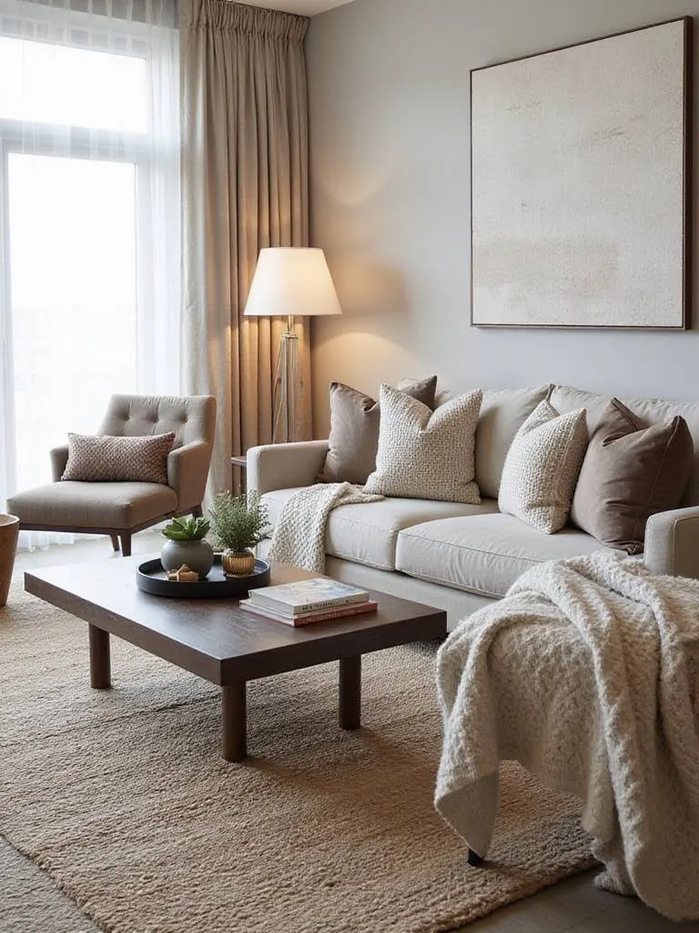 A modern living room featuring layered textures, including a natural fiber rug, velvet and knit pillows on a sofa, a boucle armchair, and textured wall art, creating depth and visual interest.