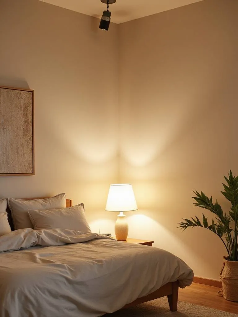 Beige bedroom with layered lighting: soft ambient light, warm bedside lamp glow, and accent light highlighting decor.