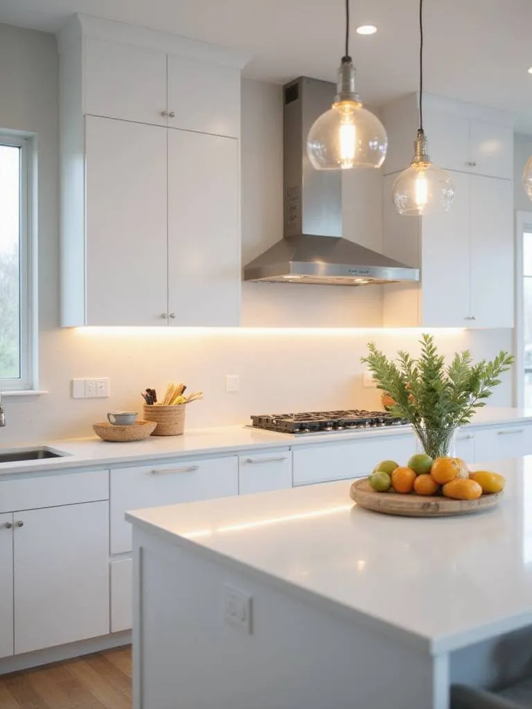 Contemporary kitchen featuring layered lighting with under-cabinet LEDs and pendant lights.