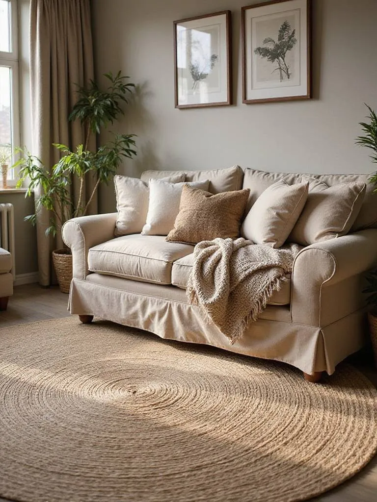 Cozy rustic living room with layered natural textiles including cotton, wool, and burlap.