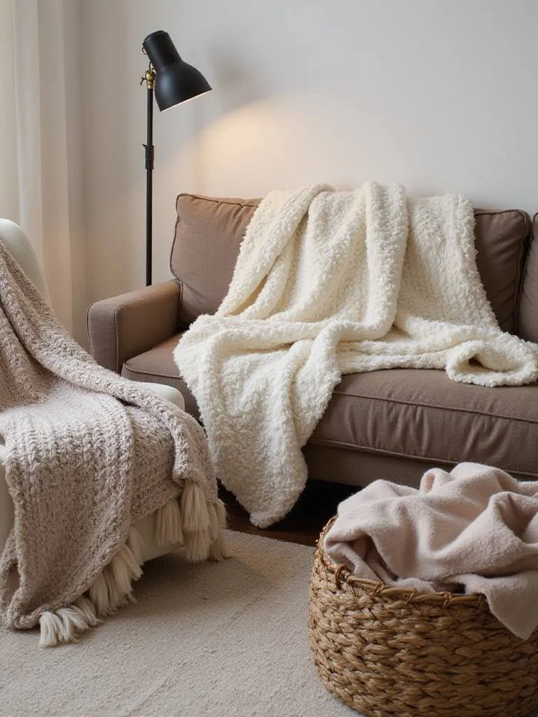 Cozy living room with plush throws and blankets draped over a sofa and armchair, creating layers of softness.