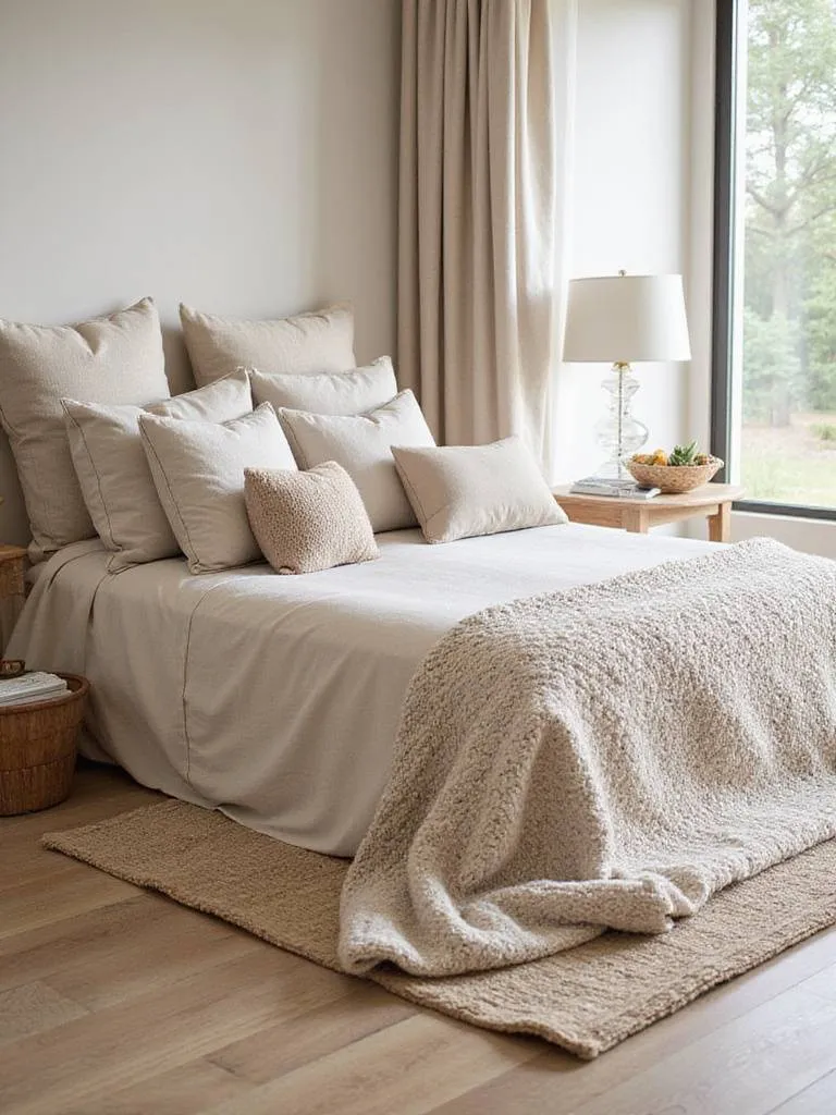Beige bedroom with layered textures: linen bedding, chunky knit throw, velvet pillows, and textured rug create depth.
