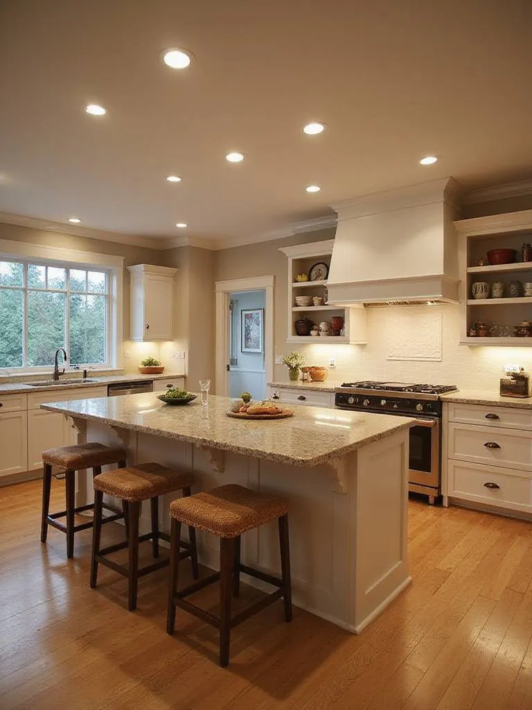 A beautifully designed kitchen with layered lighting showcasing ambient, task, and accent lights.