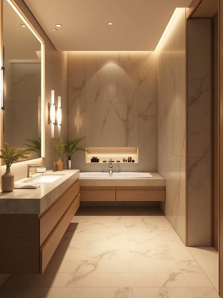 Modern bathroom with layered lighting featuring vanity sconces, overhead recessed lights, and accent lighting in a niche.