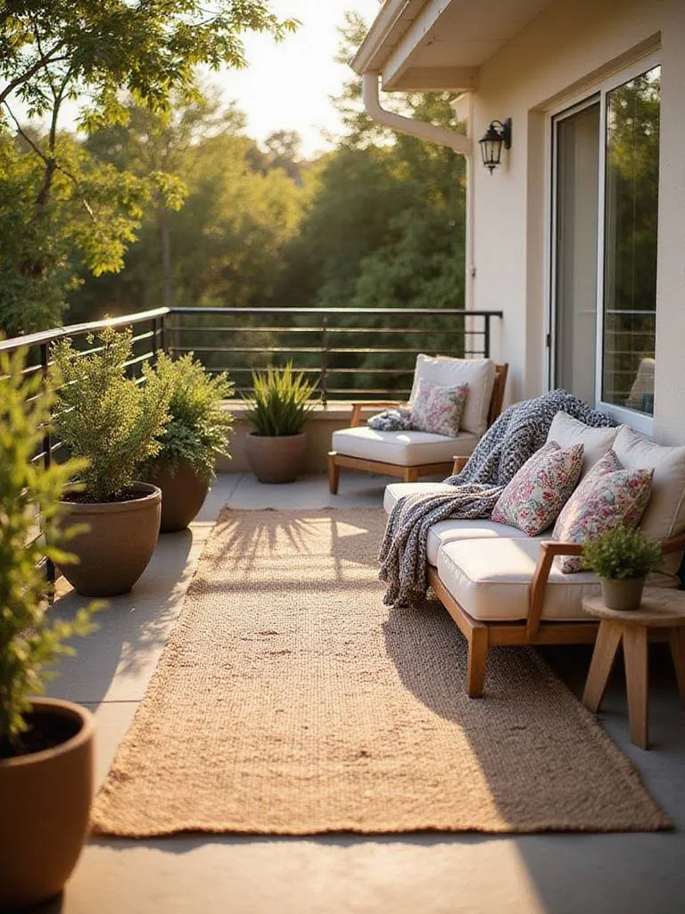 Small balcony design featuring layered outdoor textiles, including a textured outdoor rug, patterned cushions, and a throw on furniture, creating a cozy and inviting space.