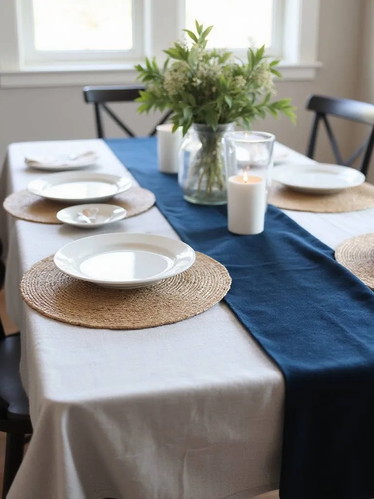 Dining room table setting with linen tablecloth, jute placemats, and velvet runner.