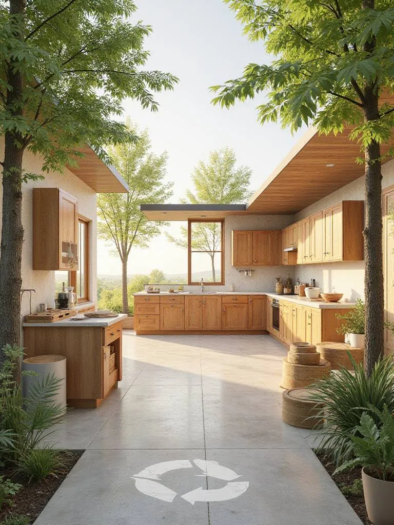 Visual representation of the lifecycle of a sustainable kitchen cabinet, showing scenes from a forest source, manufacturing workshop, installed kitchen, and material sorting for recycling or reuse.