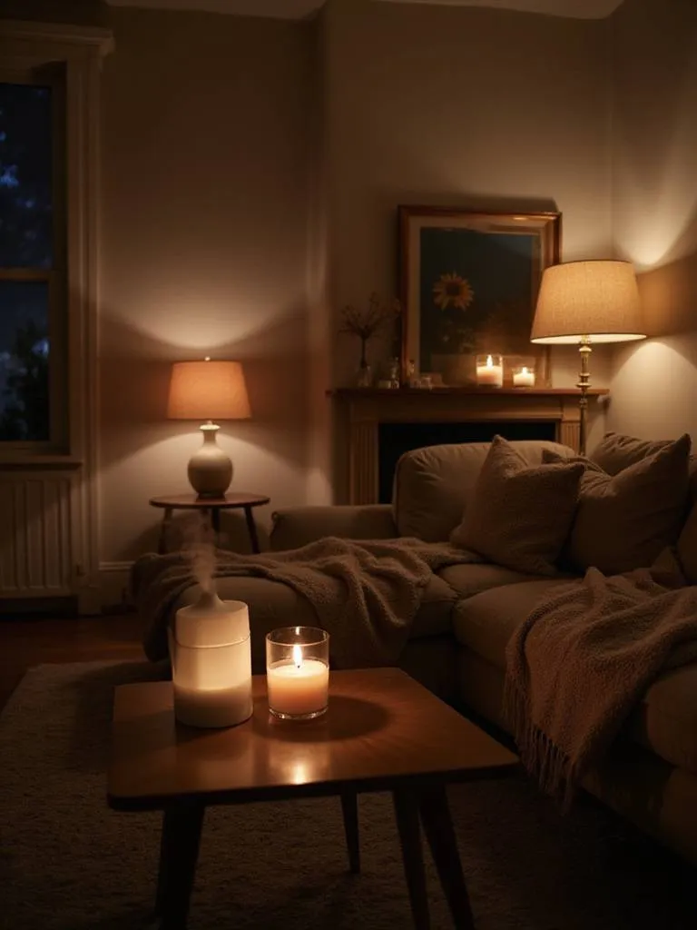 A warm and inviting living room scene featuring soft lamp light, flickering scented candles on a coffee table and mantelpiece, and a modern essential oil diffuser on a shelf, creating a cozy atmosphere.
