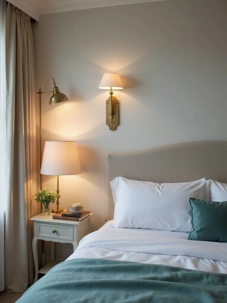 Bedroom with layered lighting including table lamps, floor lamp, and sconces.