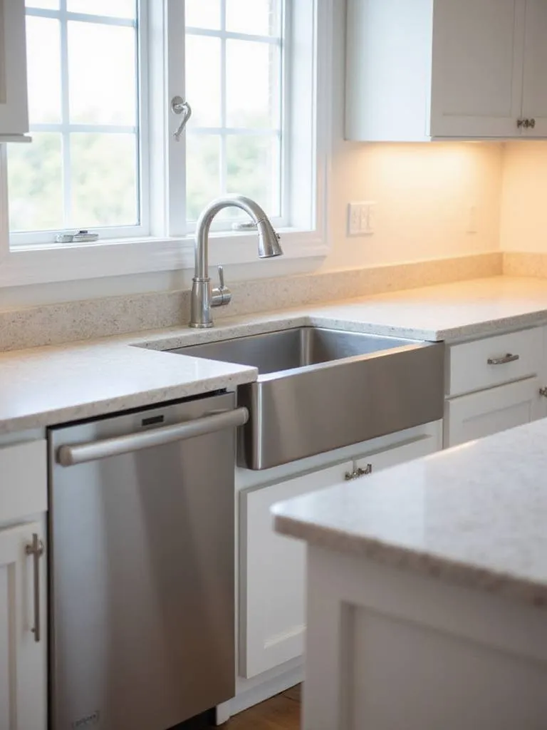 Modern kitchen design showing a stainless steel sink located right next to an integrated dishwasher for efficient workflow.