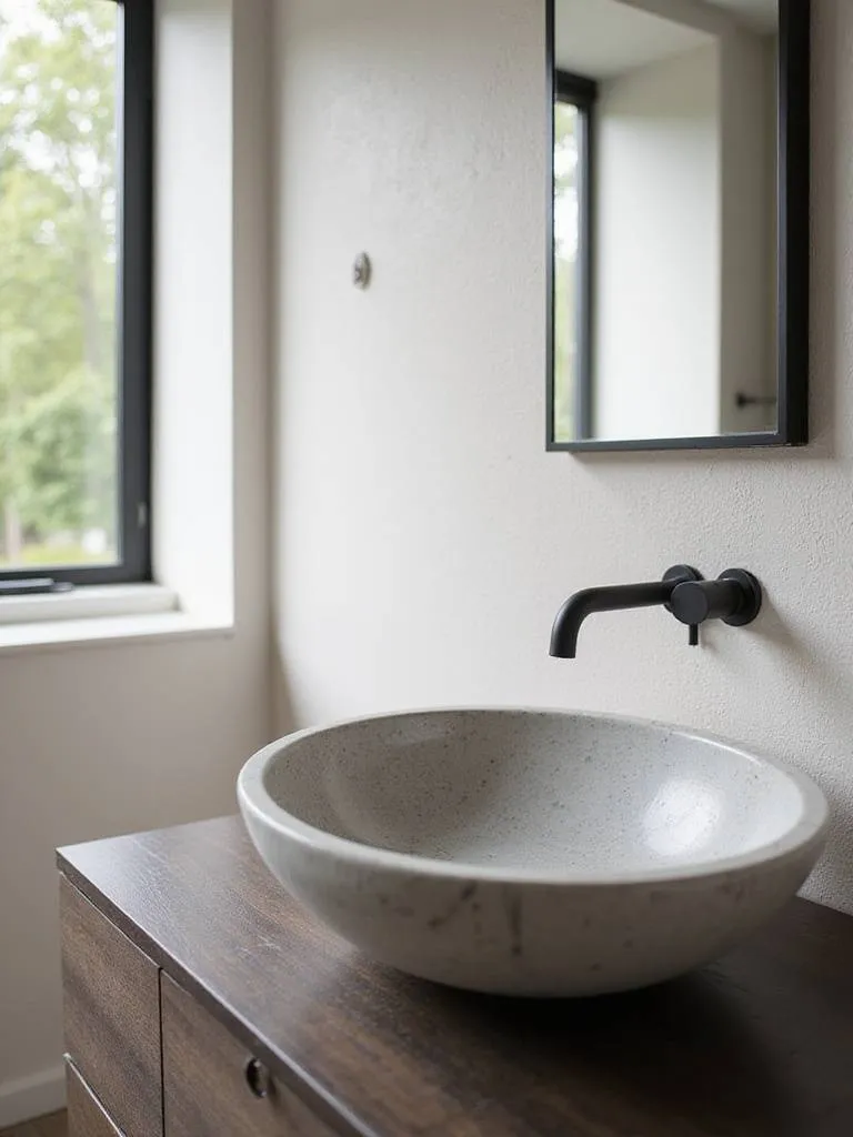 Luxurious bathroom with a natural stone marble vessel sink on a dark wood vanity.